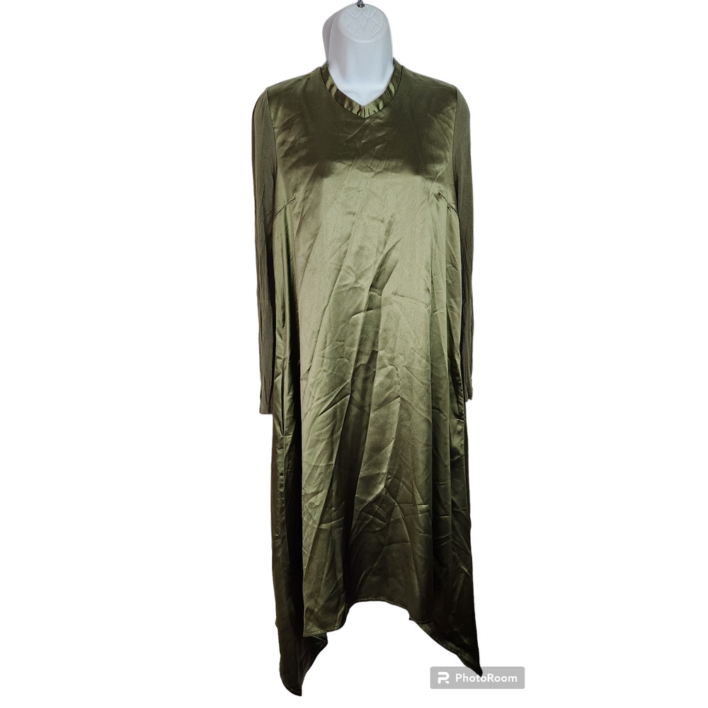 By Tess Collection Satin Olive Green Shift Midi Dress S